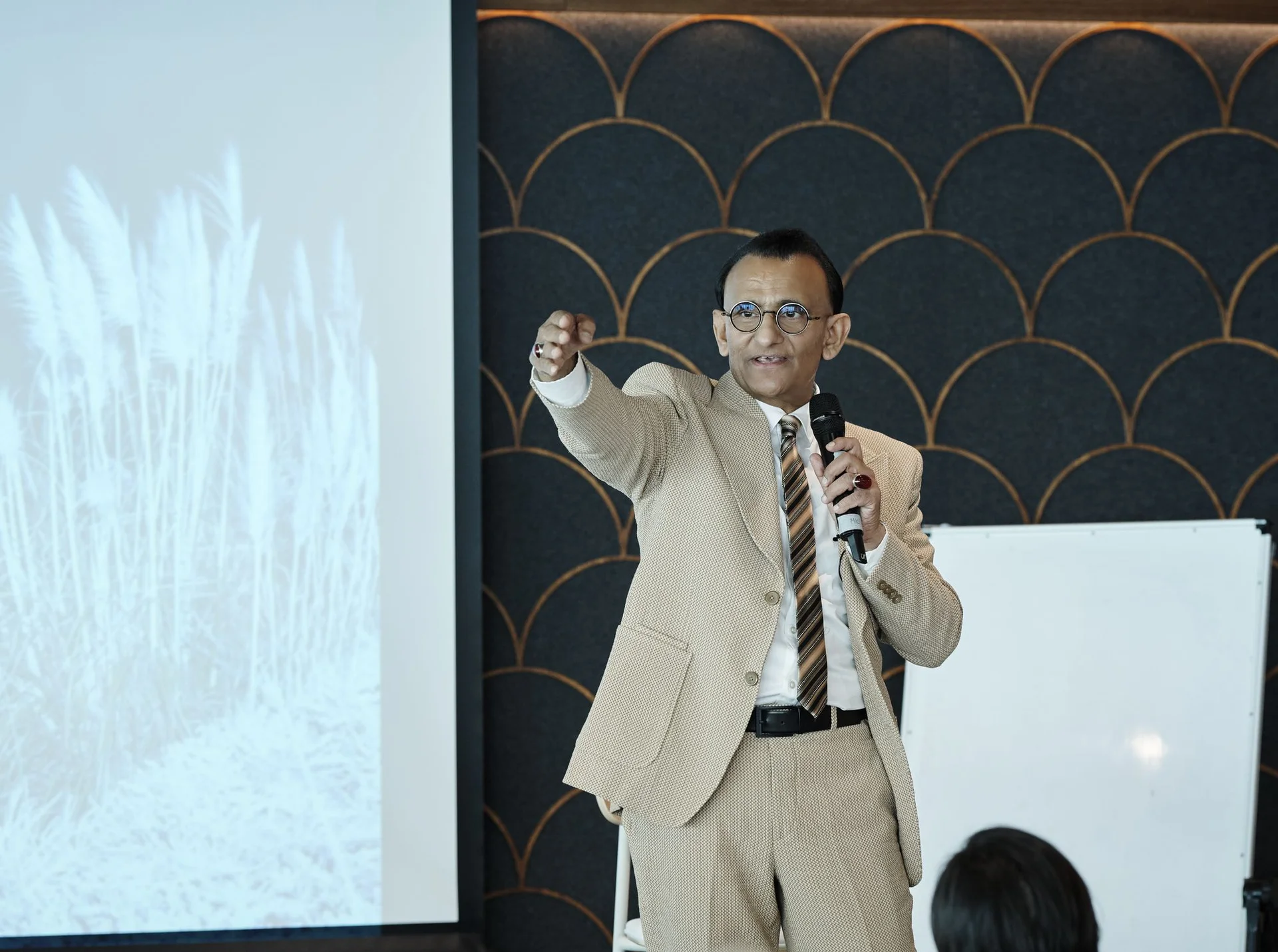 Zaffar Khan gesturing toward the projection screen while speaking